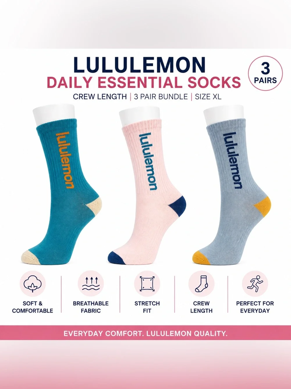 Lululemon Daily Essential Crew Socks XL 3 Pair Bundle Multicolor NWT